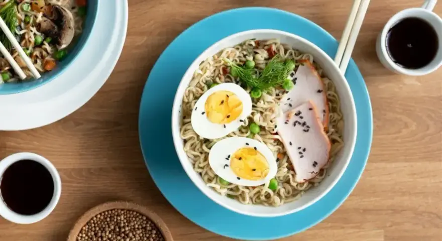 Miseczka z tantanmen, makaronem, jajkiem na twardo, plastrami mięsa i zielonymi warzywami, obok sosu sojowego i pałeczek.