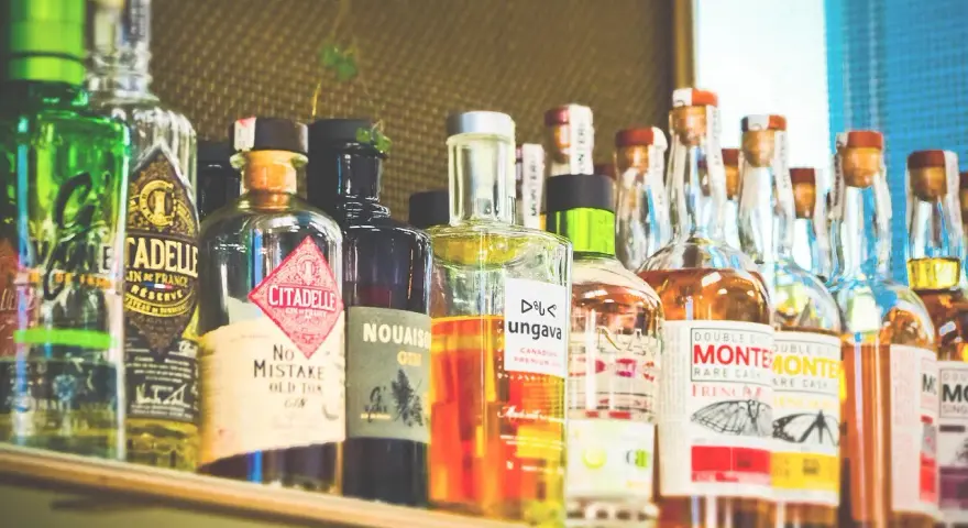 Rząd butelek z alkoholem, w tym gin i inne trunki, gotowe do serwowania. Wśród nich widać butelkę z etykietą "No Mistake Old Tom Gin", a także inne, które mogą zawierać ajerkoniak.